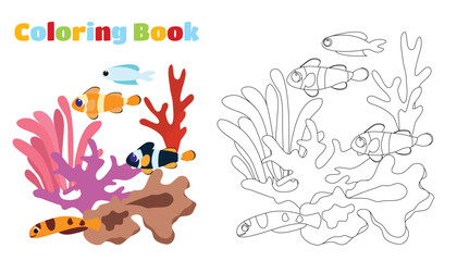 Coloring page. Underwater corals and tropical fish, algae. Cartoon style illustration of ocean plants and fish.