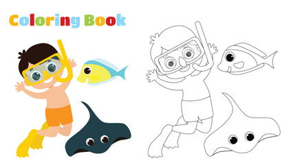 Coloring page. Cute boy diver in shorts, fins and snorkeling mask and tropical fish and stingray. Children's activity underwater.