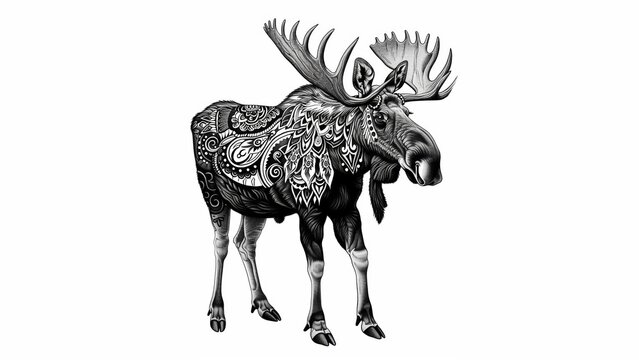 A black and white coloring book image featuring a realistic illustration of a moose with mandala patterns all over its body. Simple and bold lines