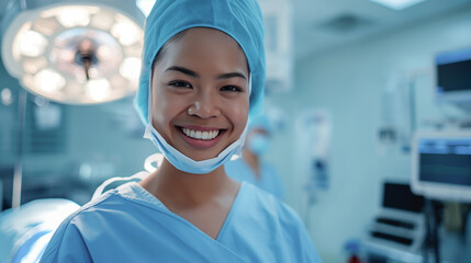 portrait of smiling face of asian woman doctor surgeon on background of operating room with copy space.