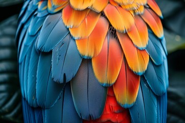 A detailed close-up shot capturing the stunning, vibrant plumage of a macaw in its full glory,...