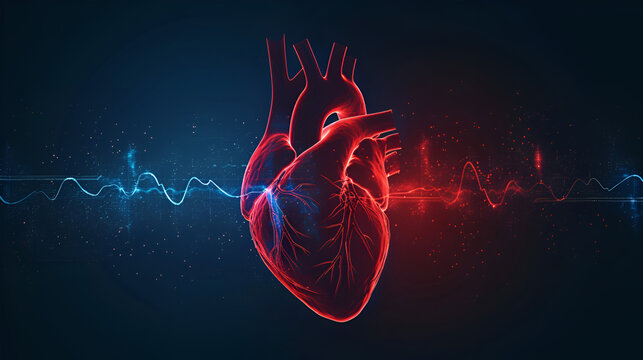 Digital 3D illustration of a human heart with blue digital red and blue cardiac pulse line. on a black background with copy space. Heart health, cardiology, cardiovascular disease concept - Powered by Adobe