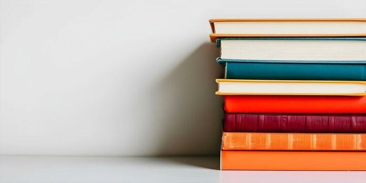 Vibrant stack of books against a glossy white background isolated shot. Concept Book Photography, Colorful Props, Vibrant Composition, Creative Isolation Shot