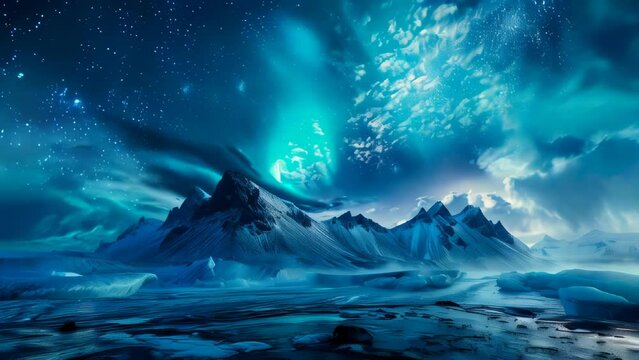 Fantasy landscape with mountains and aurora borealis.