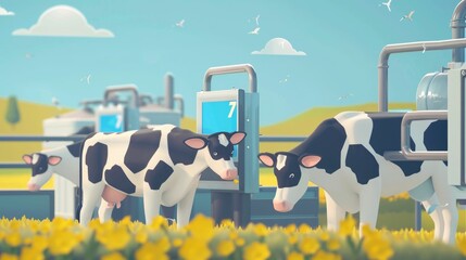 Dairy farm operations, animated cows being milked with high-tech machinery - obrazy, fototapety, plakaty