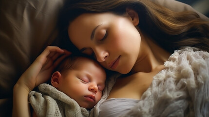 Newborn baby sleeping with mother