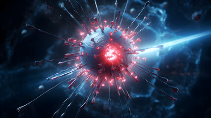 Virus laser attack. Abstract 3d banner of floating virus cells, bacteria, microbes on blurred blue background with copy space. Close up render of covid, flu, infection disease. Сoncept for hospitals. - obrazy, fototapety, plakaty