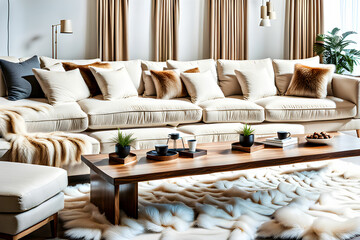 Wood coffee table against white sofa with beige fur. Winter home interior design of modern living room with luxury fur.