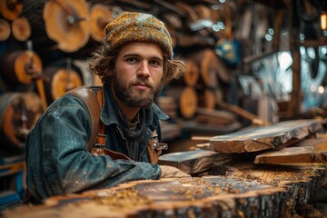 Cheerful young woodworker standing amidst wood shavings with timber sawing machinery - obrazy, fototapety, plakaty