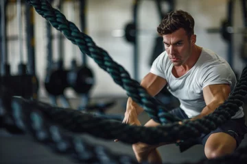 Deurstickers A man is leisurely sitting on a composite material rope in a gym, relaxing his elbow. The gym is filled with various recreational equipment like nets and metal bars © RichWolf