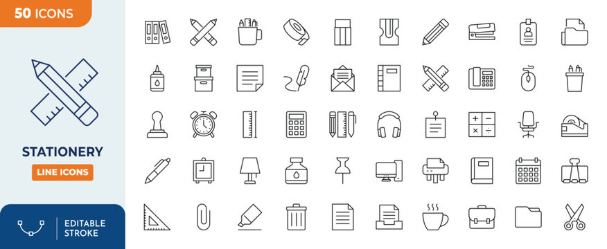 Stationery Line Editable Icons set. contains icons related to school or office subject, tool, stationery and more. Editable stroke. Vector illustration	