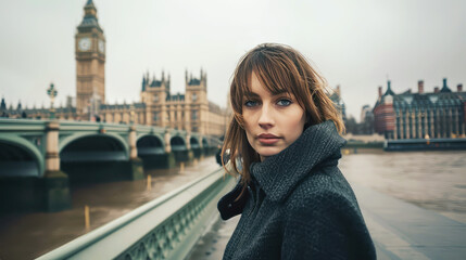 Fototapeta na wymiar Portrait of a sophisticated English woman in London, embodying elegance and British charm amidst an iconic cityscape, looking into the camera