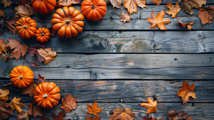 Pumpkins and autumn leaves on wooden planks - Powered by Adobe