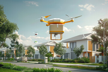 A drone with a delivery box, concept of the innovative concept of drone delivery services