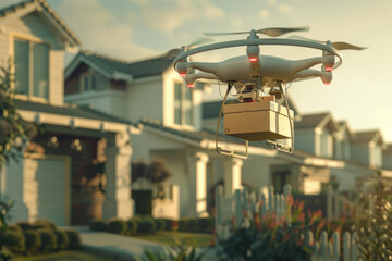 Fototapeta na wymiar A drone with a delivery box, concept of the innovative concept of drone delivery services