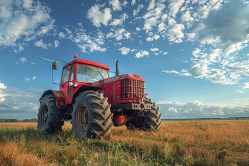 A classic red tractor sitting under a blue sky with fluffy clouds signifying the timeless farming traditions and rural life