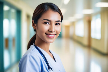 Obraz premium Portrait of happy young nurse asian ethnicity. Beautiful and satisfied healthcare worker in clinic looking at camera. 2/3 space for text. medical worker day concept.