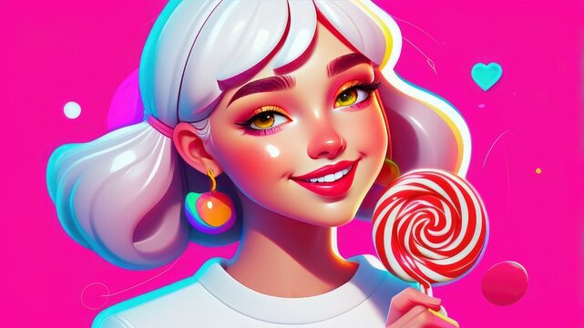 girl with a bright candy in the form of a spiral on a multi-colored background,Holiday concept.Advertising of confectionery, children's holiday events, circus, festival. joy and brightness..