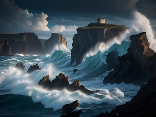 A dramatic seascape with crashing waves against rugged cliffs and a dramatic sky. - obrazy, fototapety, plakaty