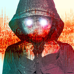 Hacker boy with hood, power of programming. Cutting-edge technology, use of artificial intelligence to expand and speed up programming processes. Illegal acquisition of information. Sensitive data - 756525170