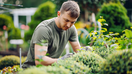 A young male gardener works diligently in his home garden. Gardener takes care of garden bushes