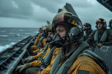 Focused aircraft crew preparing for F-35 jet landing on a stormy carrier deck