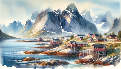 Watercolor landscape of Lofoten, Norway - obrazy, fototapety, plakaty