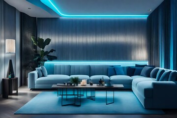modern living room with soft blue light, sleek furniture and sofa