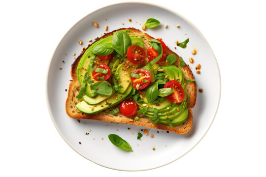 Avocado Toast Smooth and soft texture Finely grind and sprinkle with salt, pepper and basil. Take the photo from above. Focus on simplicity Isolated on transparent background.