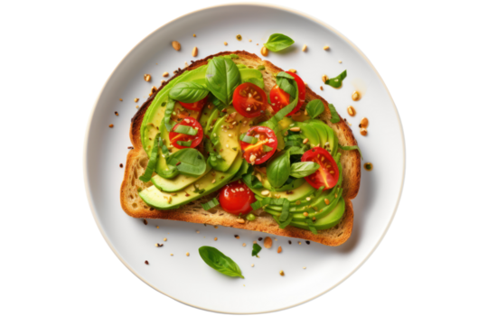 Avocado Toast Smooth and soft texture Finely grind and sprinkle with salt, pepper and basil. Take the photo from above. Focus on simplicity Isolated on transparent background.