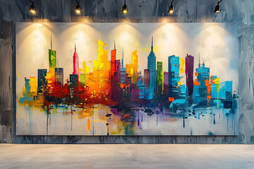 A white canvas with a colorful painting of a city skyline. The background is a gray wall with some spotlights.