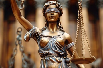 The iconic Statue of Justice holding balanced scales and a sword against a blurred background