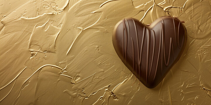 Chocolate heart on a golden background. Chocolate candy in the shape of a heart. Greeting card for Valentine's Day. Love conceptual horizontal banner. Digital artwork raster bitmap illustration. 