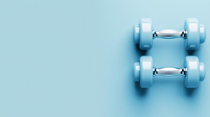 Top View Fitness: Blue Dumbbells Pair on Pastel Background, Ideal for Gym Workout, Exercise, and Strength Training Sessions – Healthy Lifestyle Concept