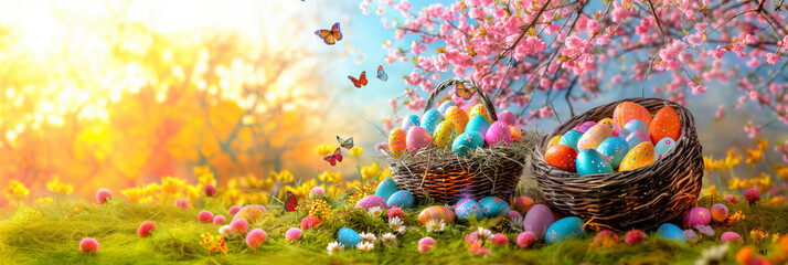 Fototapeta na wymiar Easter Bunny Decorated Eggs Adorable Rabbit Spring Color Copy Space Banner Header