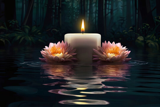 Digital artwork depicting flowers and candles floating on water, set against a dark forest background. Mystical and serene ambiance captured in this image.