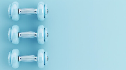 Top View Fitness: Blue Dumbbells Pair on Pastel Background, Ideal for Gym Workout, Exercise, and Strength Training Sessions – Healthy Lifestyle Concept