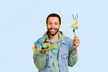 3D photo collage composite artwork image of young handsome guy hold in hand dish plate trash fork with piece of earth globe eco disaster