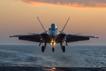 F-22 Raptor landing on an aircraft carrier at sunset