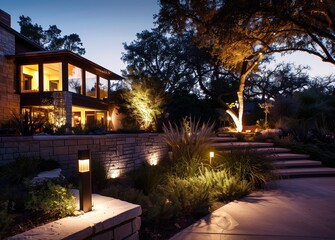 Night View Of Flowerbed Illuminated By Energy-Saving Solar Powered Lantern On Courtyard. Beautiful Small Garden Light, Lamp In Flower Bed. Garden Design