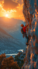 Male in his 40s, Mountain climber climbing a mountain, The scene should have a rich texture and emit a warm, nostalgic atmosphere reminiscent of film photography. Emphasize soft, natural lighting and  - obrazy, fototapety, plakaty
