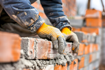 A focused view of a mason's gloved hands placing bricks with mortar on a construction site. Construction in progress. Red brick wall