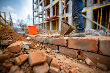 Fototapeta premium Close-up of terracotta bricks being laid with a construction worker in the background. Focus on the craftsmanship and materials of building. Construction in progress
