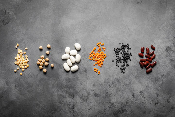 Various types of legumes, beans, lentils. chickpeas and peas, top view