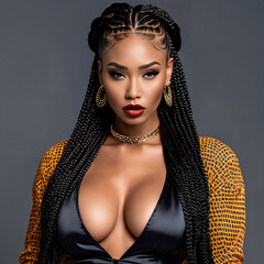 Attractive Black Model  with Glamorous Box Braids. Sensual Fashion Portrait of a Black Woman