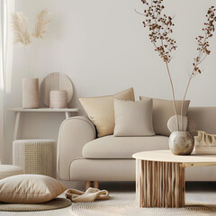 Interior of light living room with grey sofa, wooden
