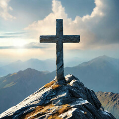 Ein Berggipfel auf welchem ein christliches Kreuz steht