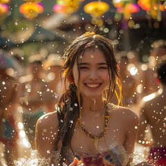 many Cute Asian girl people are using water guns play songkran festival in the summer april, thailand songkran festival
