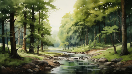 Watercolor painting of a serene forest stream, with lush greenery and dappled sunlight filtering through the trees.