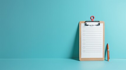 Blank checklist on clipboard with orange pen on blue